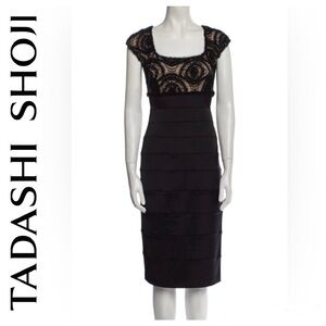 Tadashi Shoji Square Neckline Midi Length Detailed Black Dress